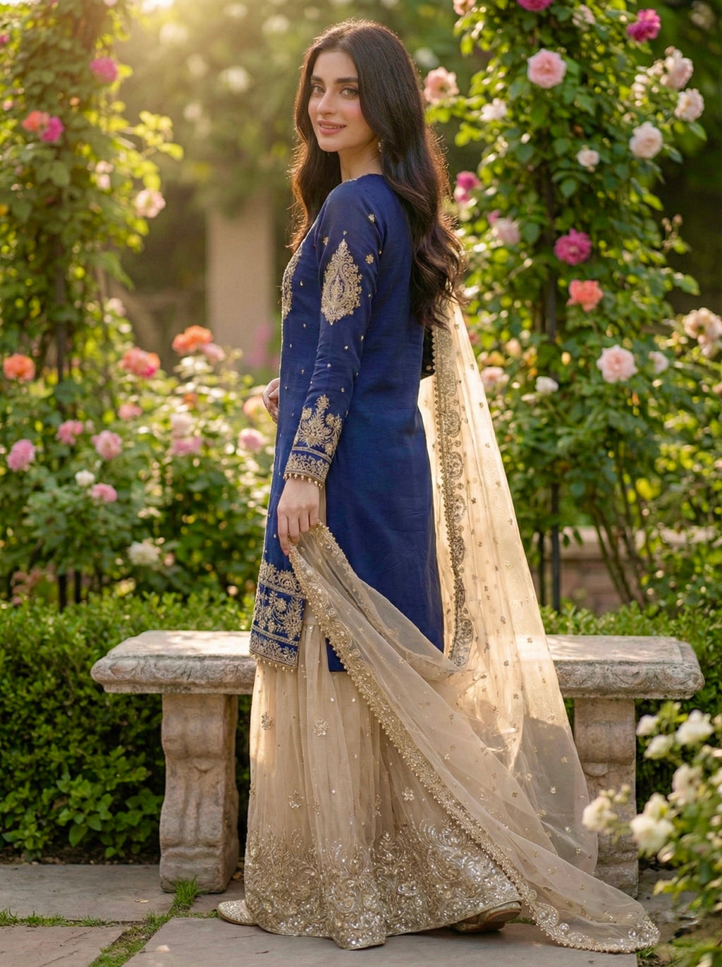 Prazu Fashion Blue Jimmy Silk Embroidery Dori Sequence Palazzo Suit | Grocsy