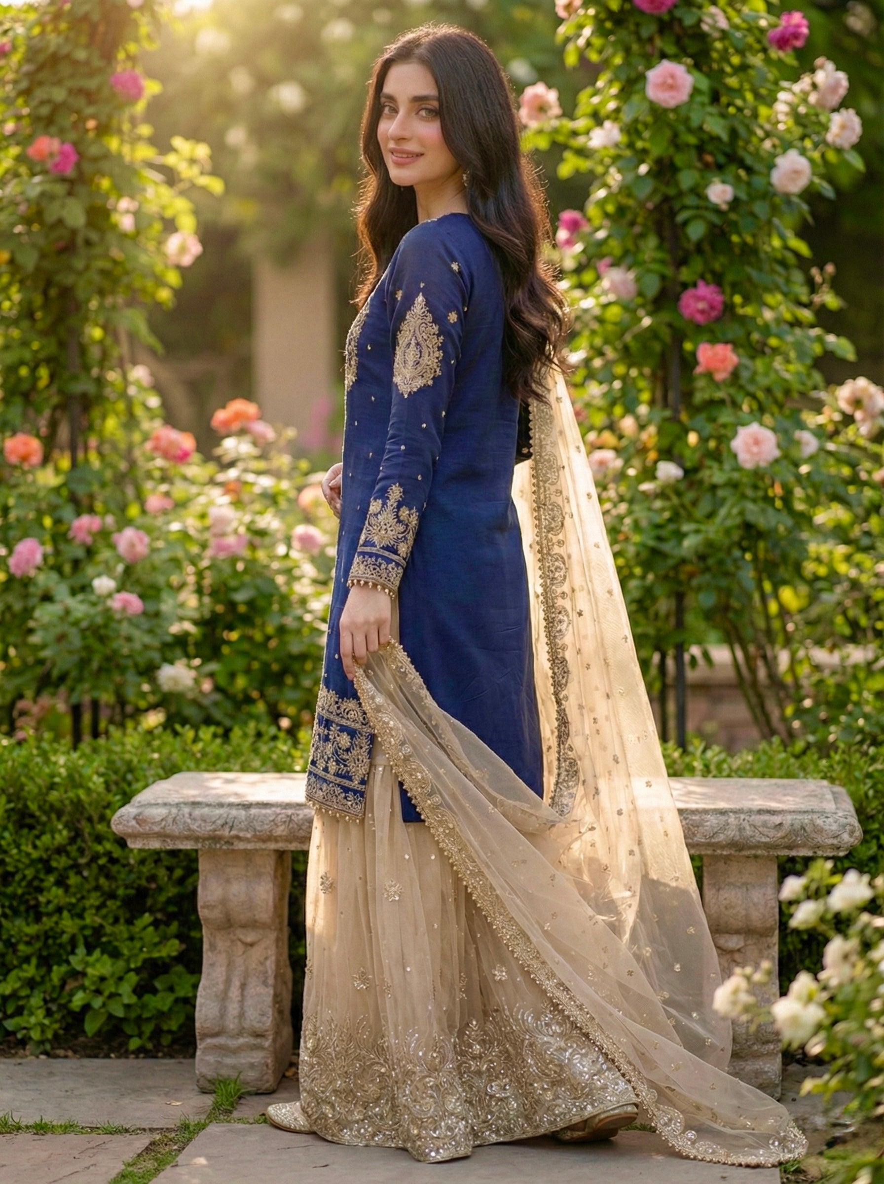 Prazu Fashion Blue Jimmy Silk Embroidery Dori Sequence Palazzo Suit | Grocsy