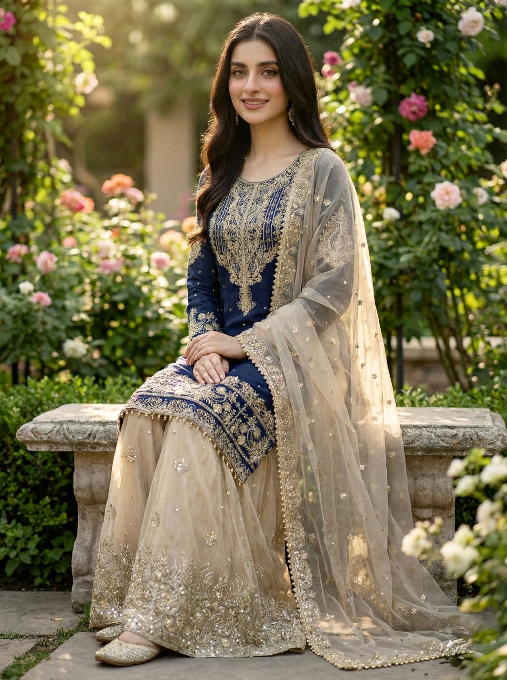 Prazu Fashion Blue Jimmy Silk Embroidery Dori Sequence Palazzo Suit | Grocsy