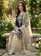 Prazu Fashion Blue Jimmy Silk Embroidery Dori Sequence Palazzo Suit | Grocsy