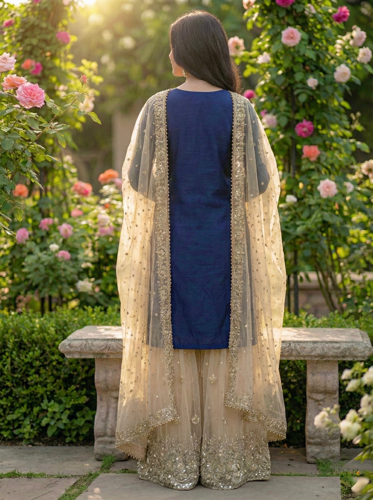 Prazu Fashion Blue Jimmy Silk Embroidery Dori Sequence Palazzo Suit | Grocsy