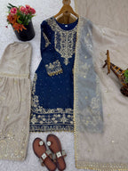 Prazu Fashion Blue Jimmy Silk Embroidery Dori Sequence Palazzo Suit | Grocsy