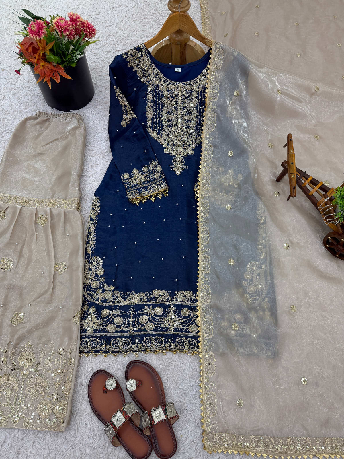 Prazu Fashion Blue Jimmy Silk Embroidery Dori Sequence Palazzo Suit | Grocsy
