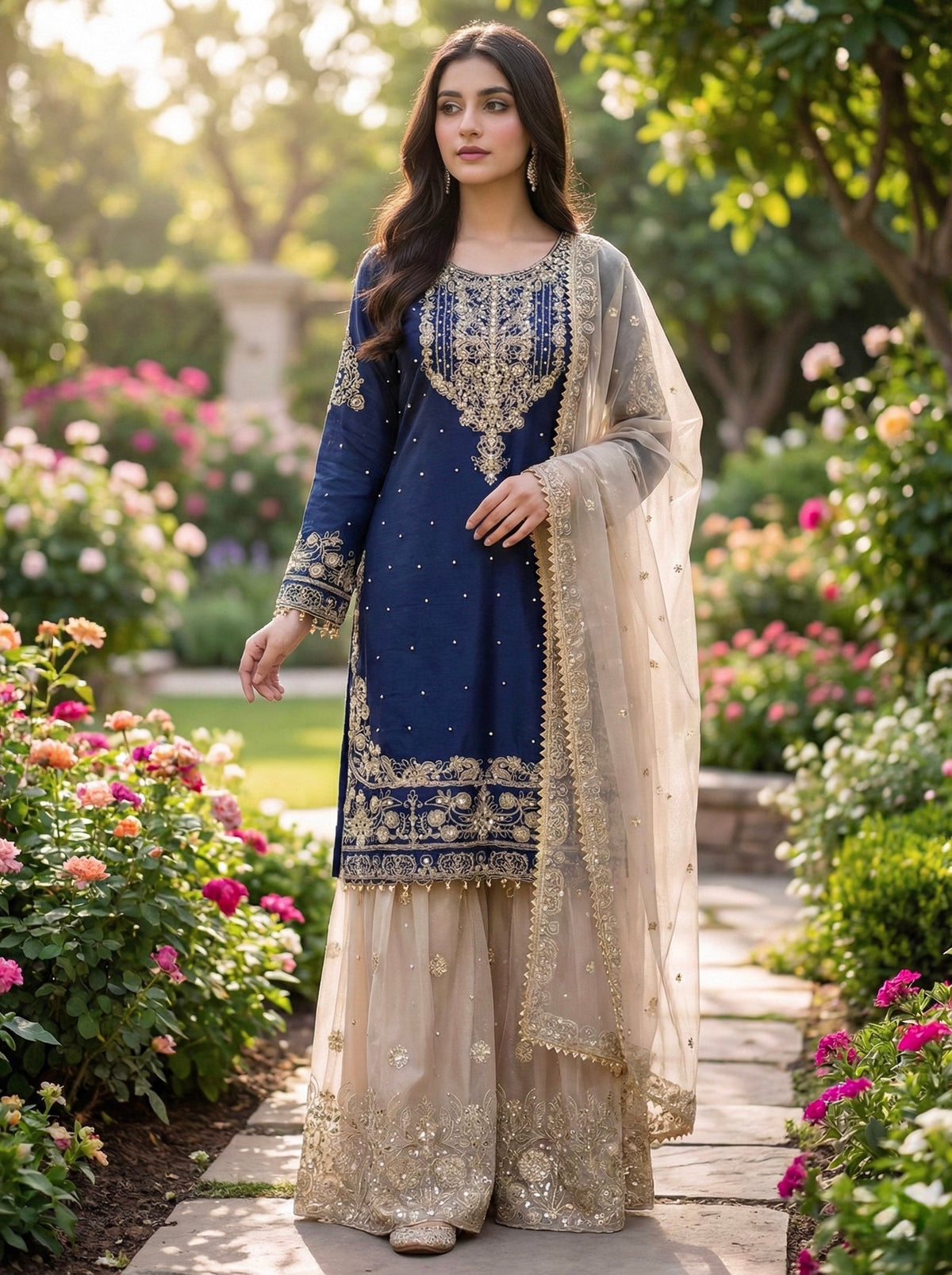 Prazu Fashion Blue Jimmy Silk Embroidery Dori Sequence Palazzo Suit | Grocsy