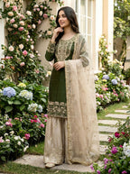 Prazu Fashion Green Jimmy Silk Embroidery Dori Sequence Palazzo Suit | Grocsy