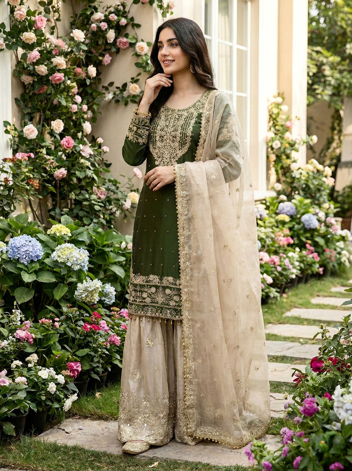 Prazu Fashion Green Jimmy Silk Embroidery Dori Sequence Palazzo Suit | Grocsy