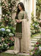 Prazu Fashion Green Jimmy Silk Embroidery Dori Sequence Palazzo Suit | Grocsy