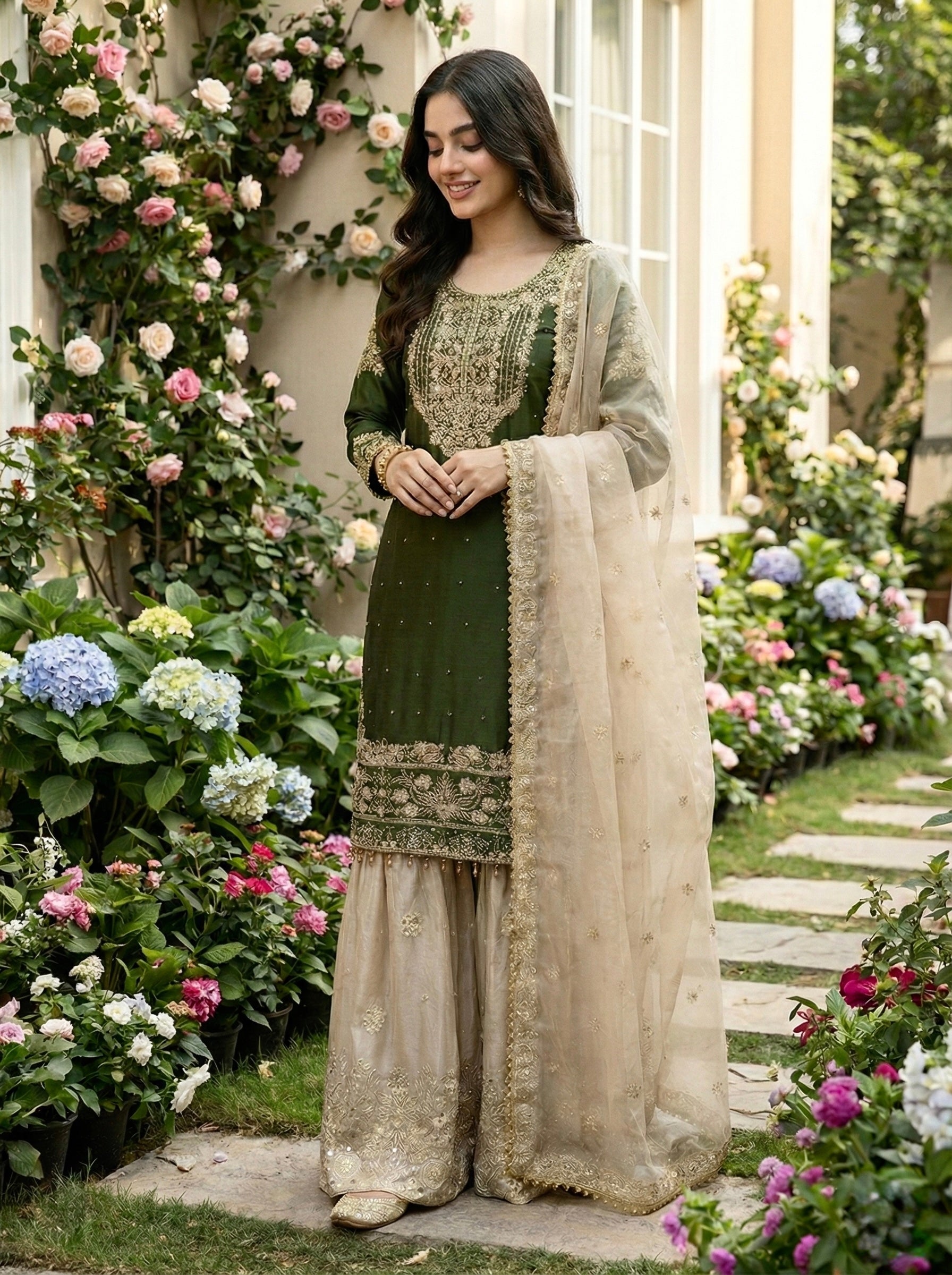 Prazu Fashion Green Jimmy Silk Embroidery Dori Sequence Palazzo Suit | Grocsy