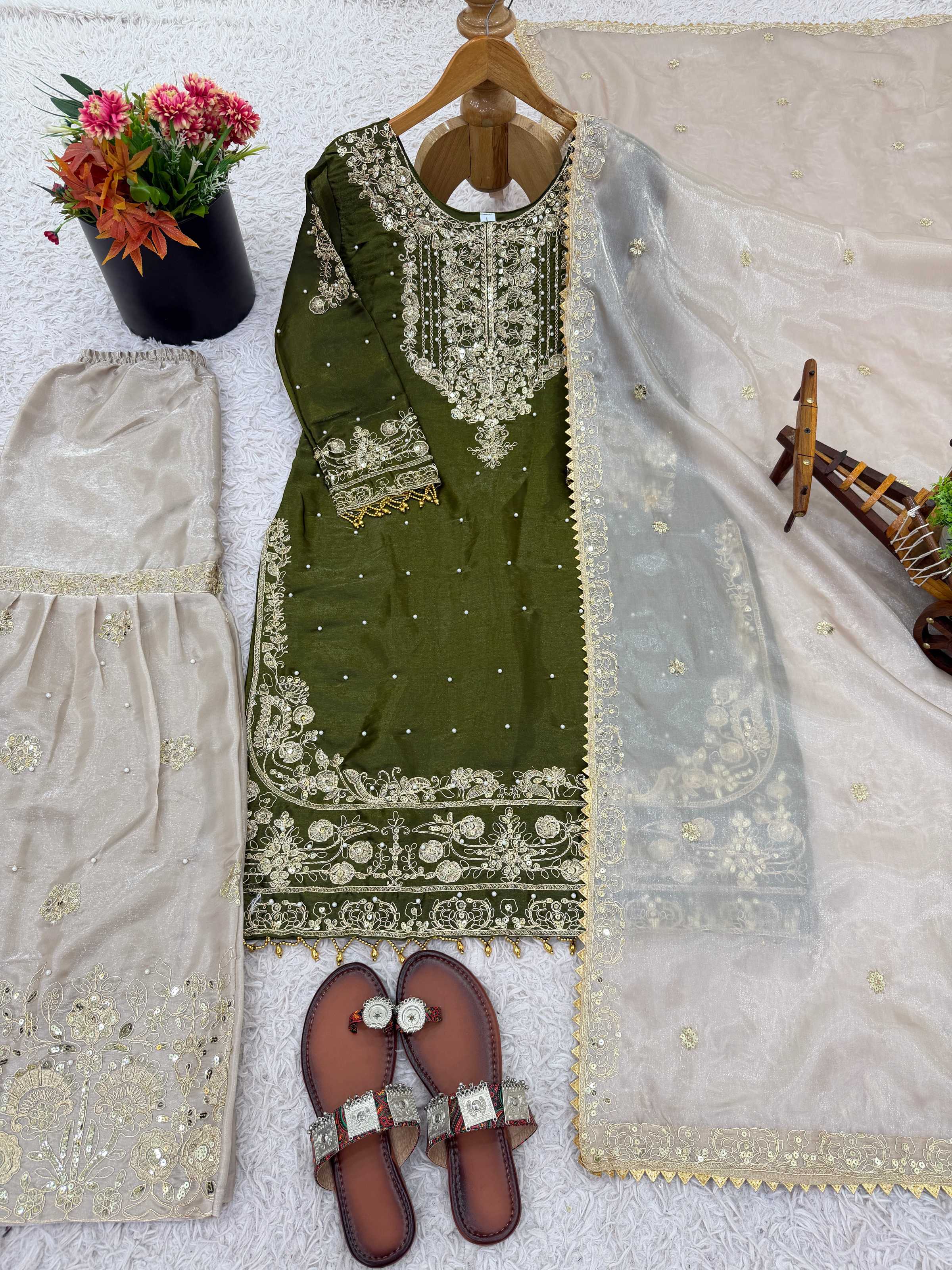 Prazu Fashion Green Jimmy Silk Embroidery Dori Sequence Palazzo Suit | Grocsy