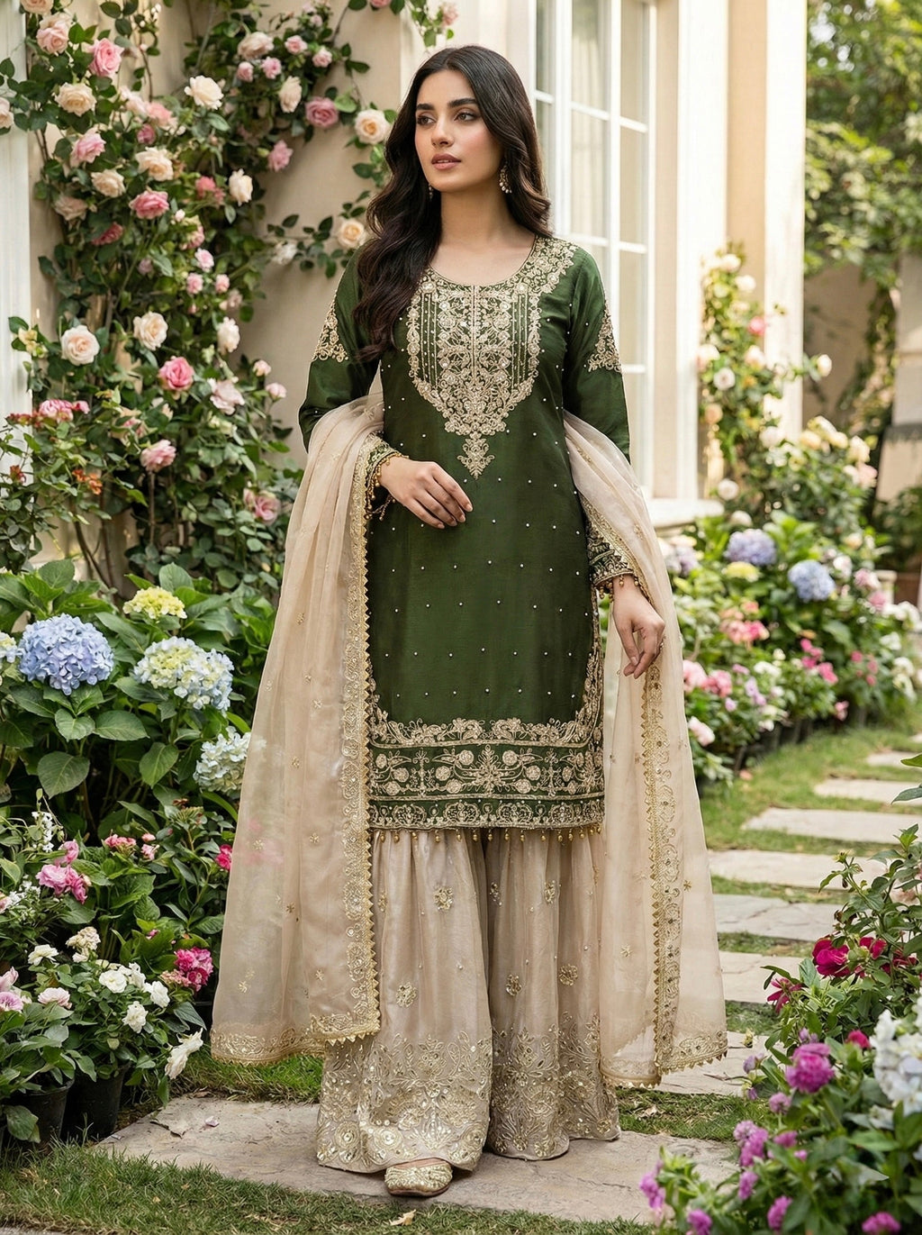 Prazu Fashion Green Jimmy Silk Embroidery Dori Sequence Palazzo Suit | Grocsy