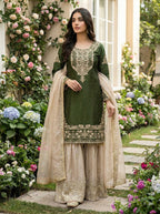 Prazu Fashion Green Jimmy Silk Embroidery Dori Sequence Palazzo Suit | Grocsy