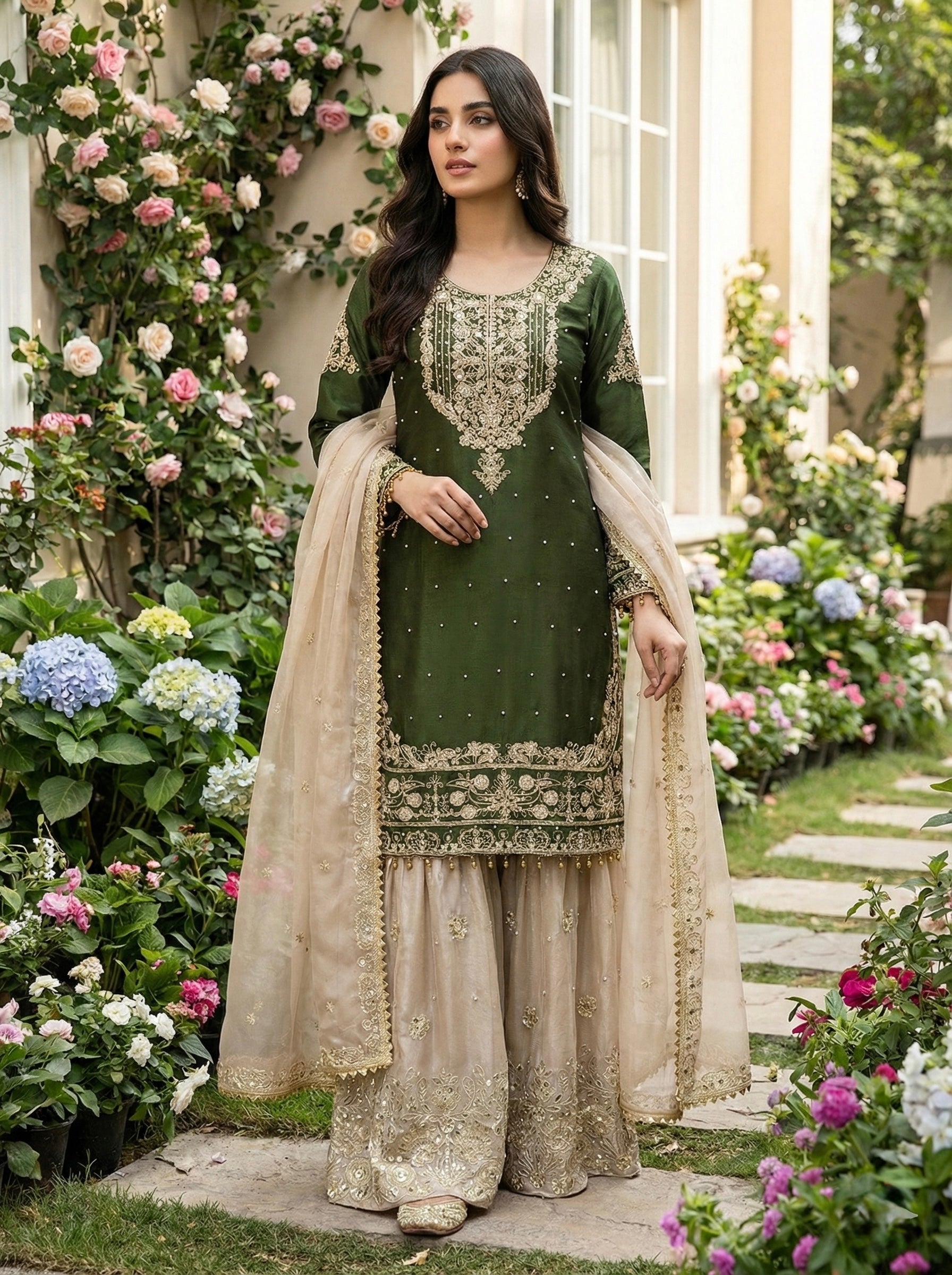Prazu Fashion Green Jimmy Silk Embroidery Dori Sequence Palazzo Suit | Grocsy