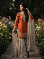 Prazu Fashion Orange Jimmy Silk Embroidery Dori Sequence Palazzo Suit | Grocsy