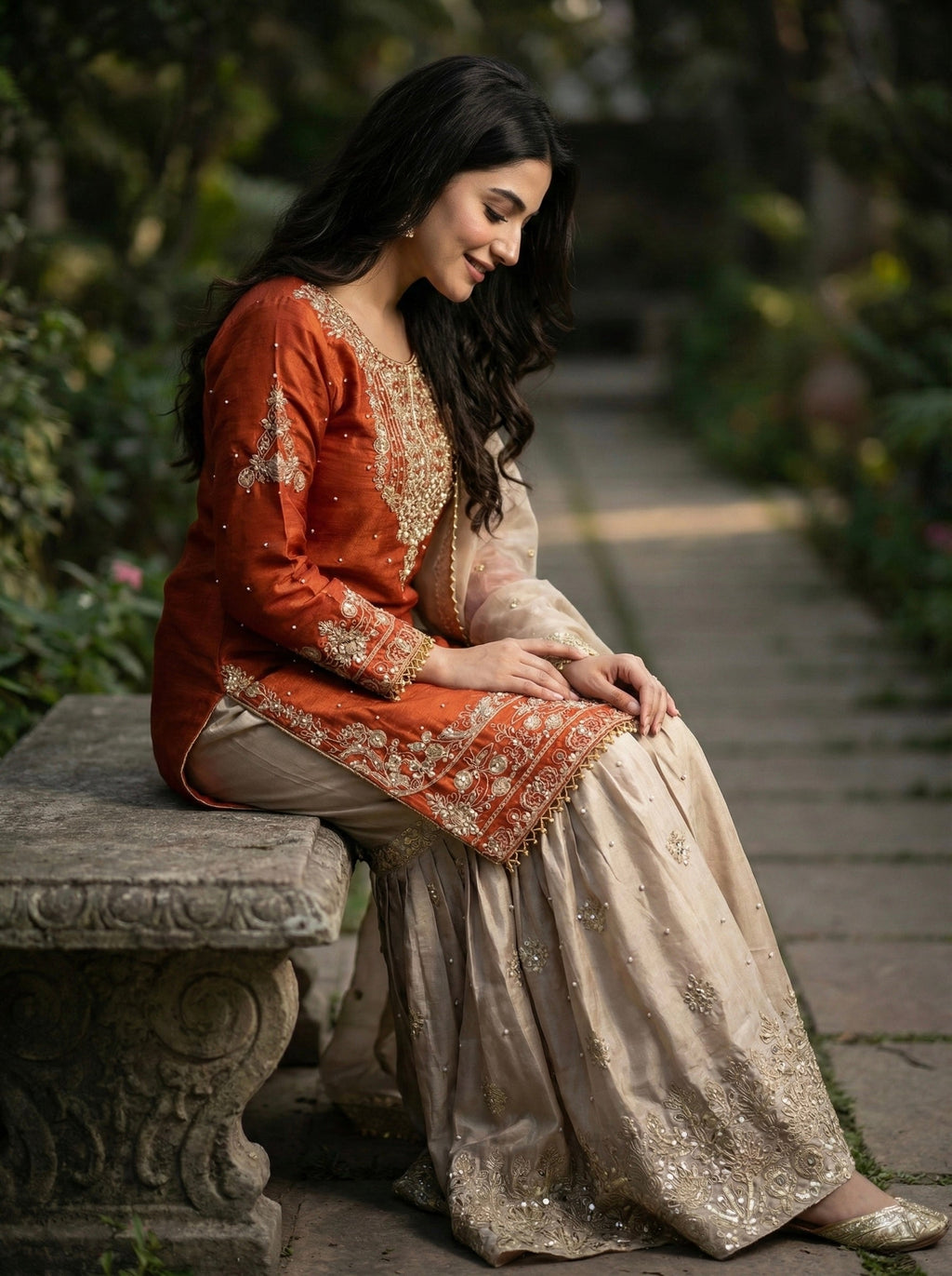 Prazu Fashion Orange Jimmy Silk Embroidery Dori Sequence Palazzo Suit | Grocsy