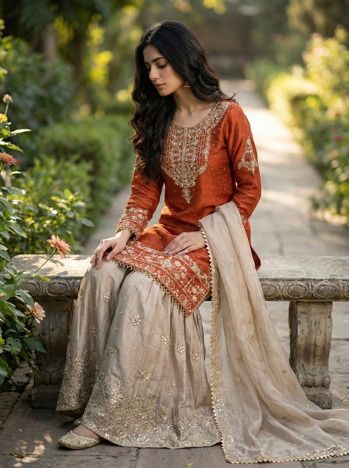 Prazu Fashion Orange Jimmy Silk Embroidery Dori Sequence Palazzo Suit | Grocsy