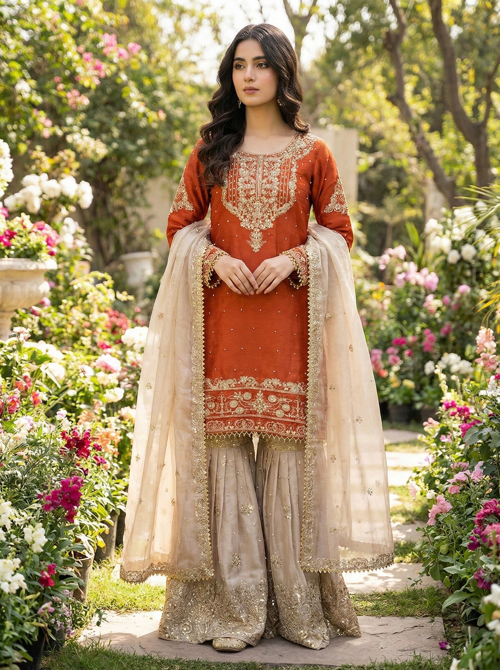 Prazu Fashion Orange Jimmy Silk Embroidery Dori Sequence Palazzo Suit | Grocsy