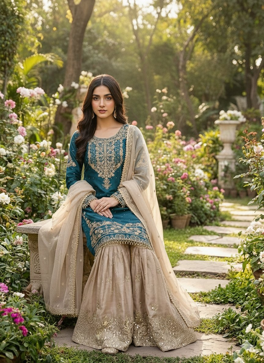 Prazu Fashion Rama Jimmy Silk Embroidery Dori Sequence Palazzo Suit | Grocsy