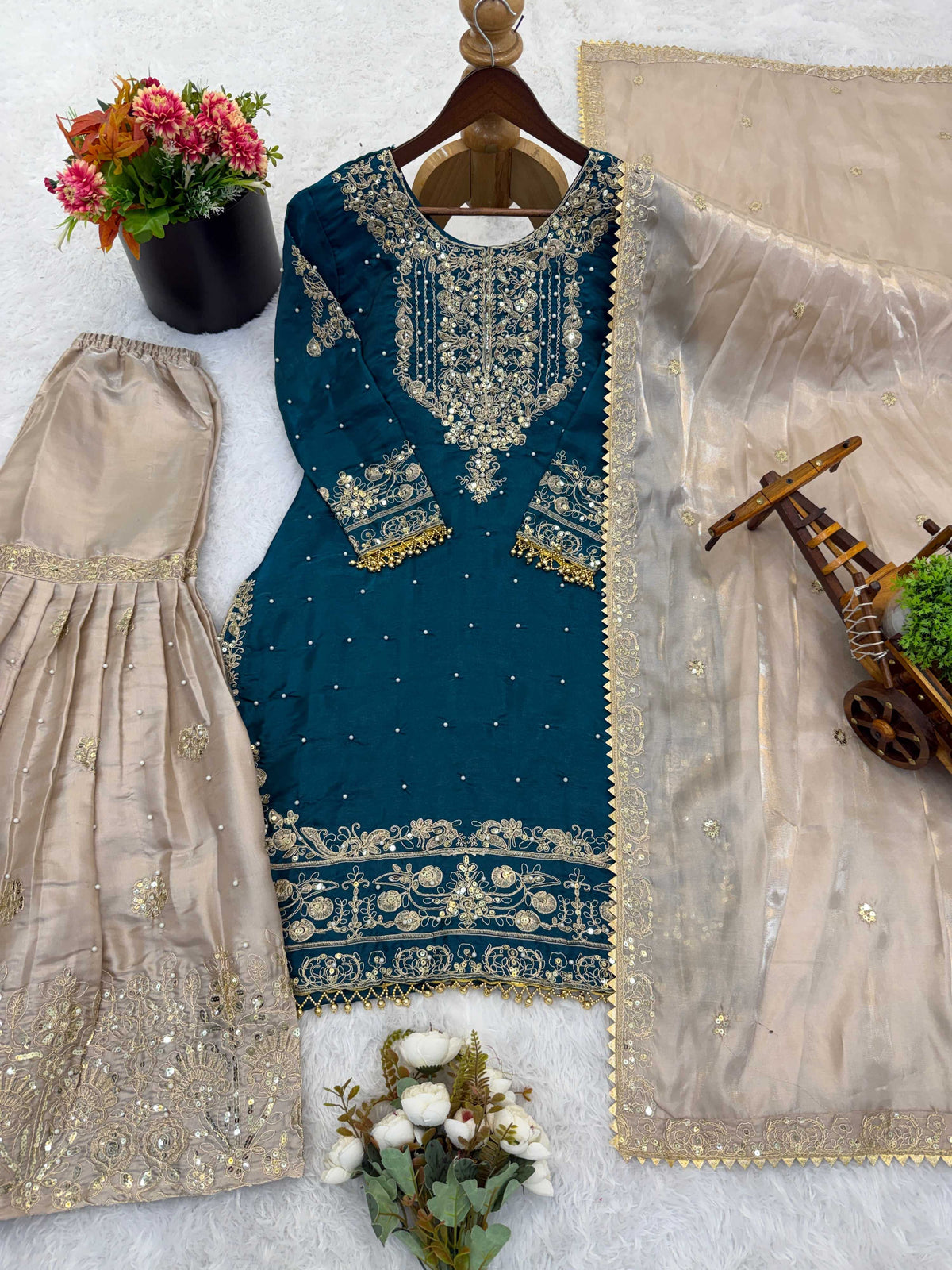 Prazu Fashion Rama Jimmy Silk Embroidery Dori Sequence Palazzo Suit | Grocsy