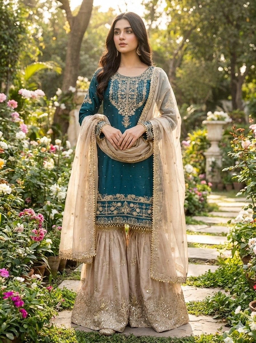 Prazu Fashion Rama Jimmy Silk Embroidery Dori Sequence Palazzo Suit | Grocsy