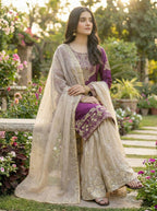 Prazu Fashion Wine Jimmy Silk Embroidery Dori Sequence Palazzo Suit | Grocsy