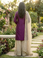 Prazu Fashion Wine Jimmy Silk Embroidery Dori Sequence Palazzo Suit | Grocsy