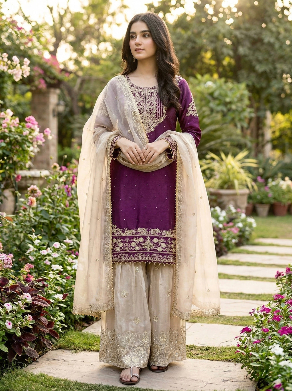 Prazu Fashion Wine Jimmy Silk Embroidery Dori Sequence Palazzo Suit | Grocsy