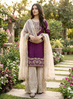 Prazu Fashion Wine Jimmy Silk Embroidery Dori Sequence Palazzo Suit | Grocsy