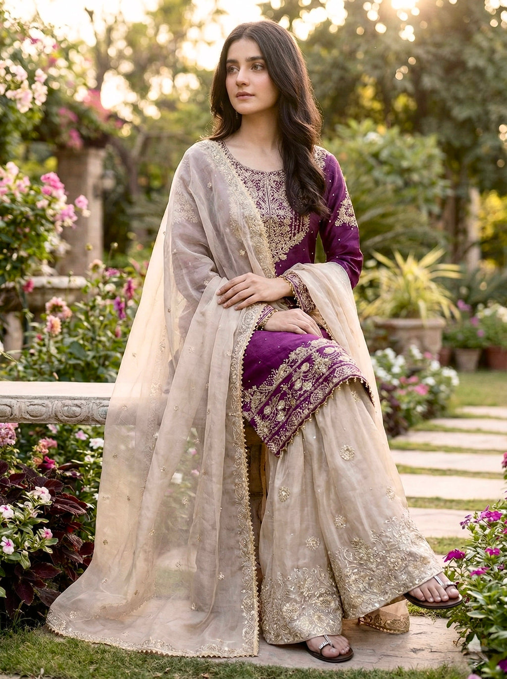 Prazu Fashion Wine Jimmy Silk Embroidery Dori Sequence Palazzo Suit | Grocsy