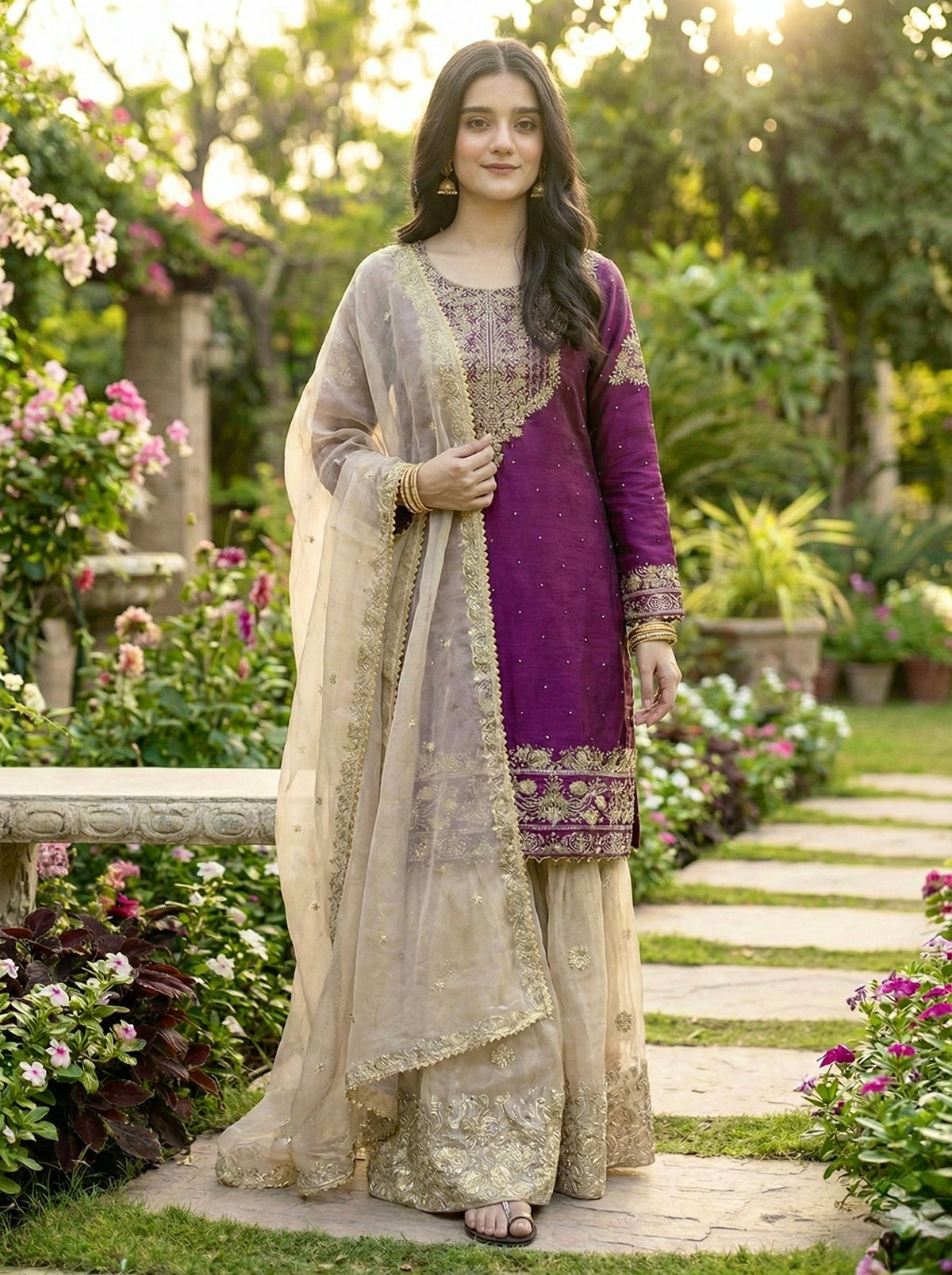 Prazu Fashion Wine Jimmy Silk Embroidery Dori Sequence Palazzo Suit | Grocsy
