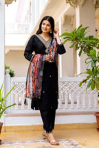 The52 Black Women's Beautiful Viscose Chanderi Fabric Embroidered Work Straight Kurta Pant and Dupatta Set | Grocsy