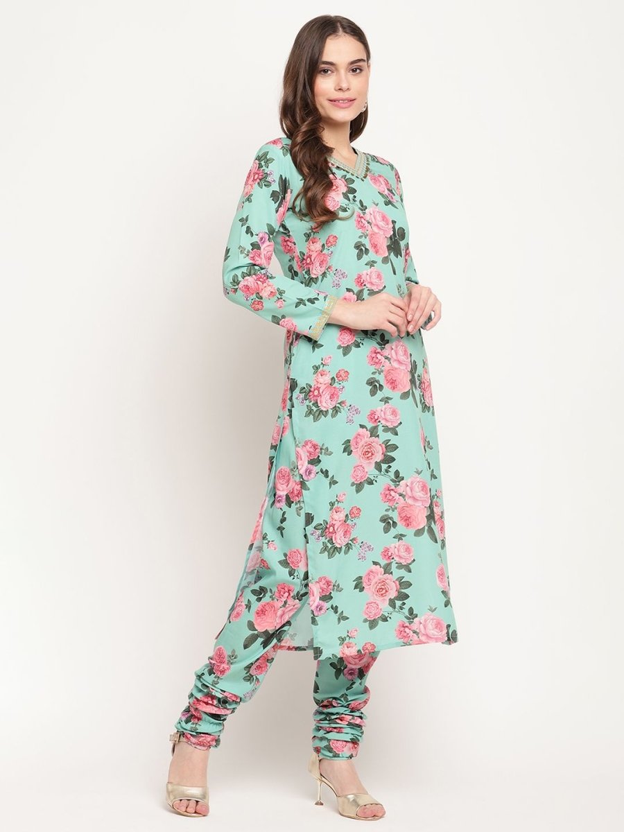Ahalyaa Women Green Floral Printed Regular Kurta Churidar Set & With Dupatta | Grocsy