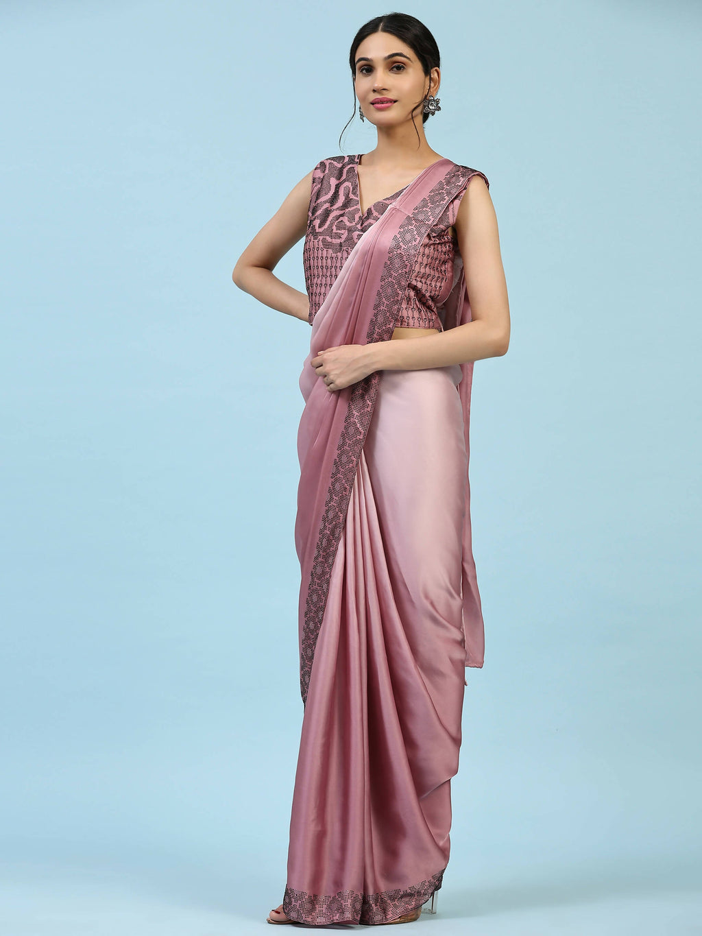 Purple Ombre Satin Georgette Plain Ready to wear Saree with stitched Blouse - Vrinda | Grocsy