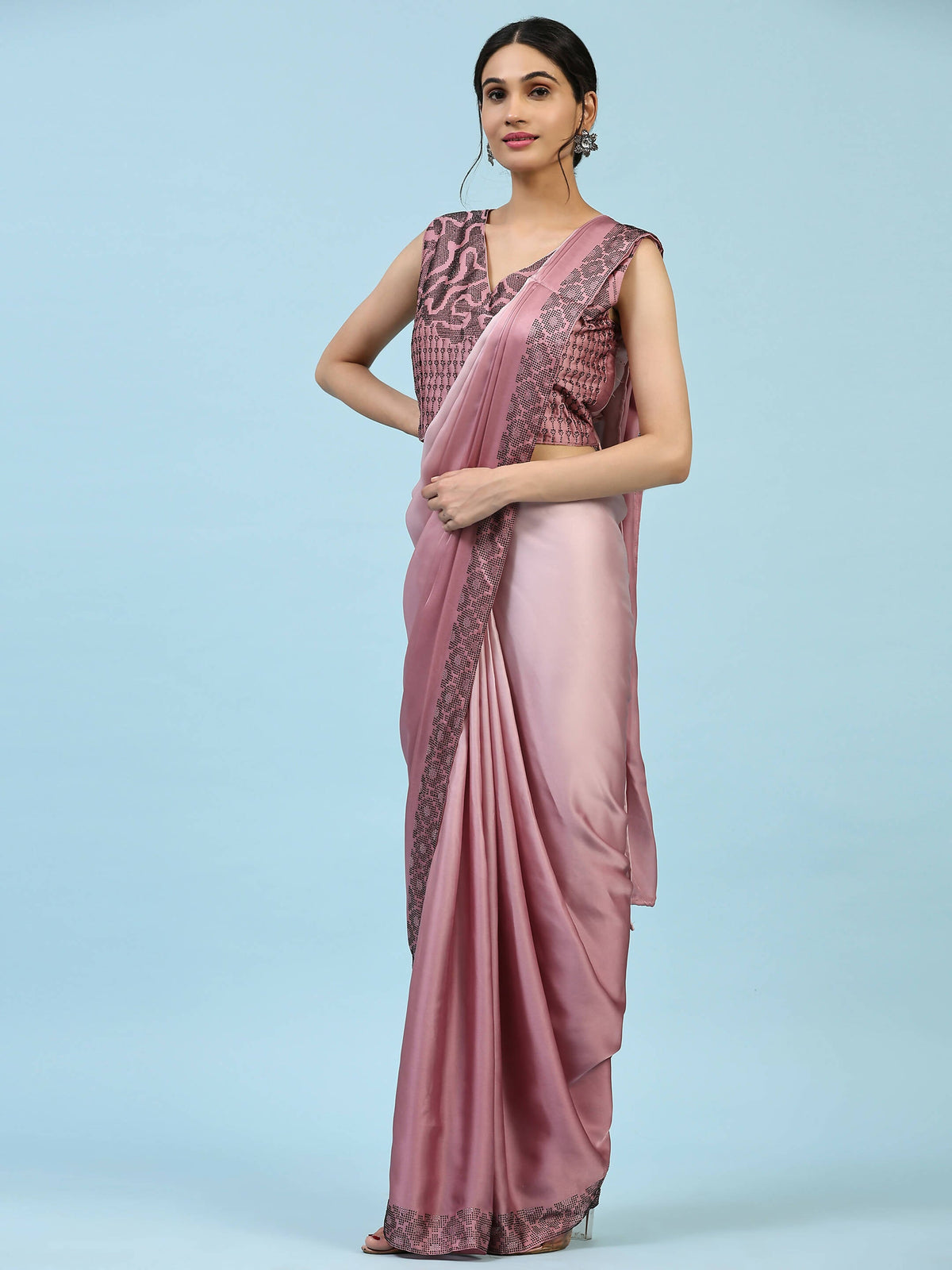 Purple Ombre Satin Georgette Plain Ready to wear Saree with stitched Blouse - Vrinda | Grocsy