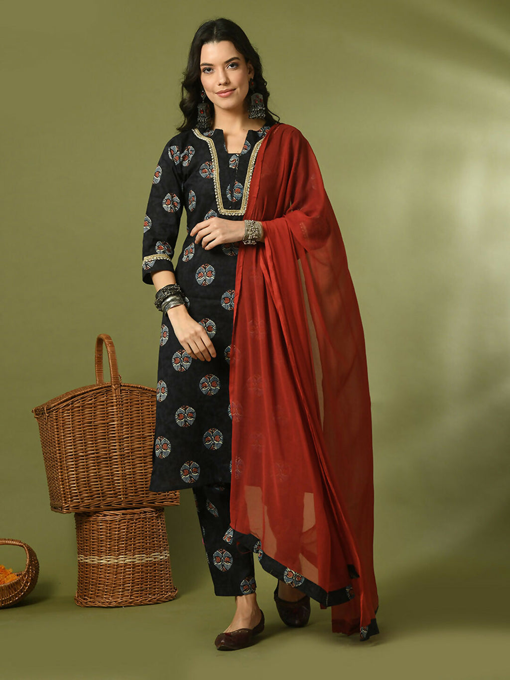 Myshka Women's Black Printed Cotton Straight Party Kurta Set With Dupatta | Grocsy