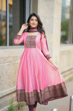 Teeya Creation Womens New Elegant Pink Anarkali Gown with Embroidered Yoke Contrasting Wine Dupatta Set | Grocsy