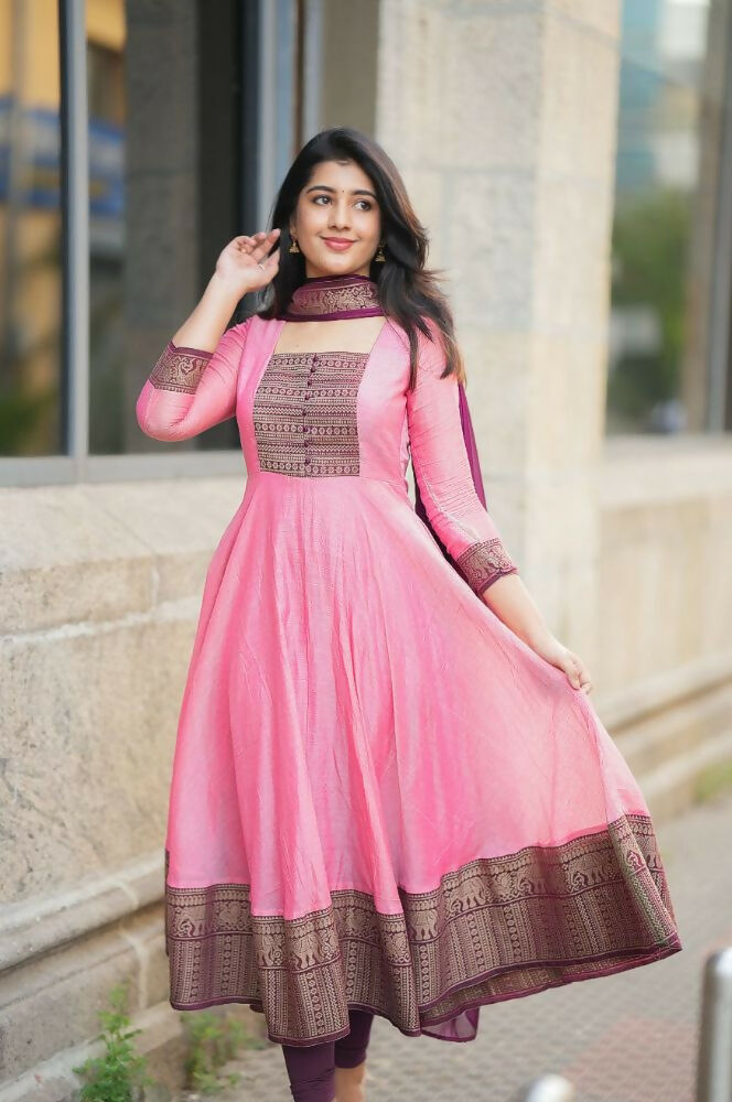 Teeya Creation Womens New Elegant Pink Anarkali Gown with Embroidered Yoke Contrasting Wine Dupatta Set | Grocsy