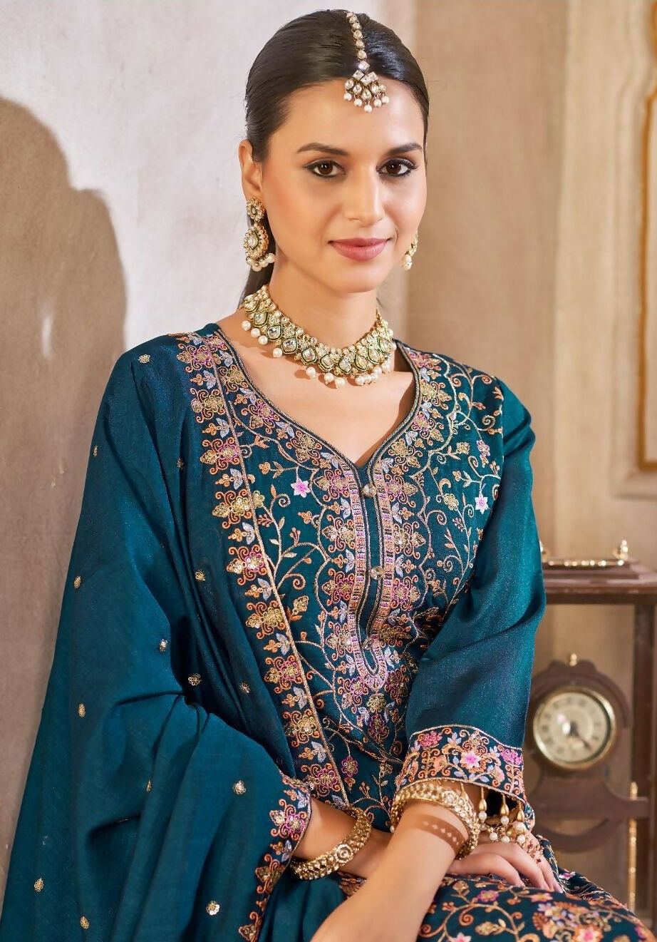 Anaita Blue Vichitra Silk Readymade Suit with Embroidery & Lace Work | Grocsy