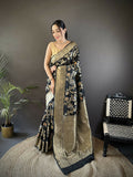 Joban Fashion Black Floral & Ethnic Motifs Design Soft Silk Meenakari Banarasi Saree | Grocsy