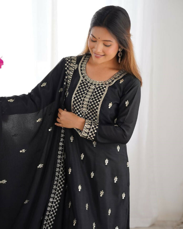 Teeya Creation Black Color Pure Chinnon Silk Embroidery Work Functional Wear Salwar Suit | Grocsy
