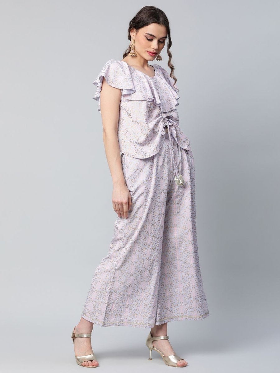 Ahalyaa Women Powder Blue Crepe Khari Printed Top with Palazzo Set | Grocsy