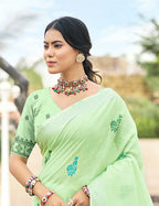Sangam Prints Parrot Green Linen Woven Work Traditional Saree | Grocsy