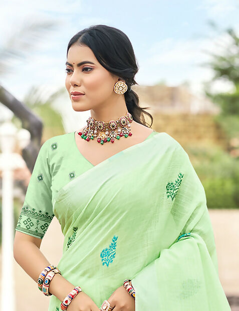 Sangam Prints Parrot Green Linen Woven Work Traditional Saree | Grocsy