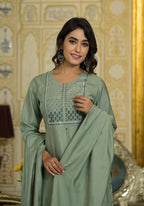 Juniper Women's Mint Viscose Zari & Thread Embroidered Kurta Pant And Dupatta Set With Sequins | Grocsy