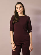 Myshka Women's Coffee Brown Solid Boat Neck Party Top With Trousers Co-ord set | Grocsy