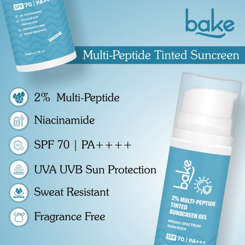 Bake 2% Multi Peptide Tinted Sunscreen Gel SPF 70 PA+++ | Grocsy