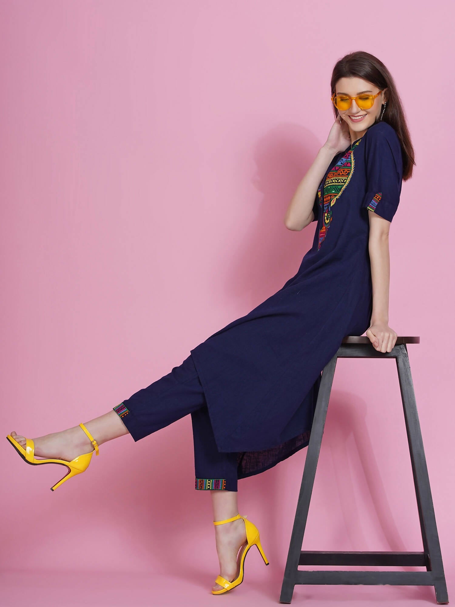 Women Republic Navy Blue Cotton Embroidered Kurta With Pants | Grocsy
