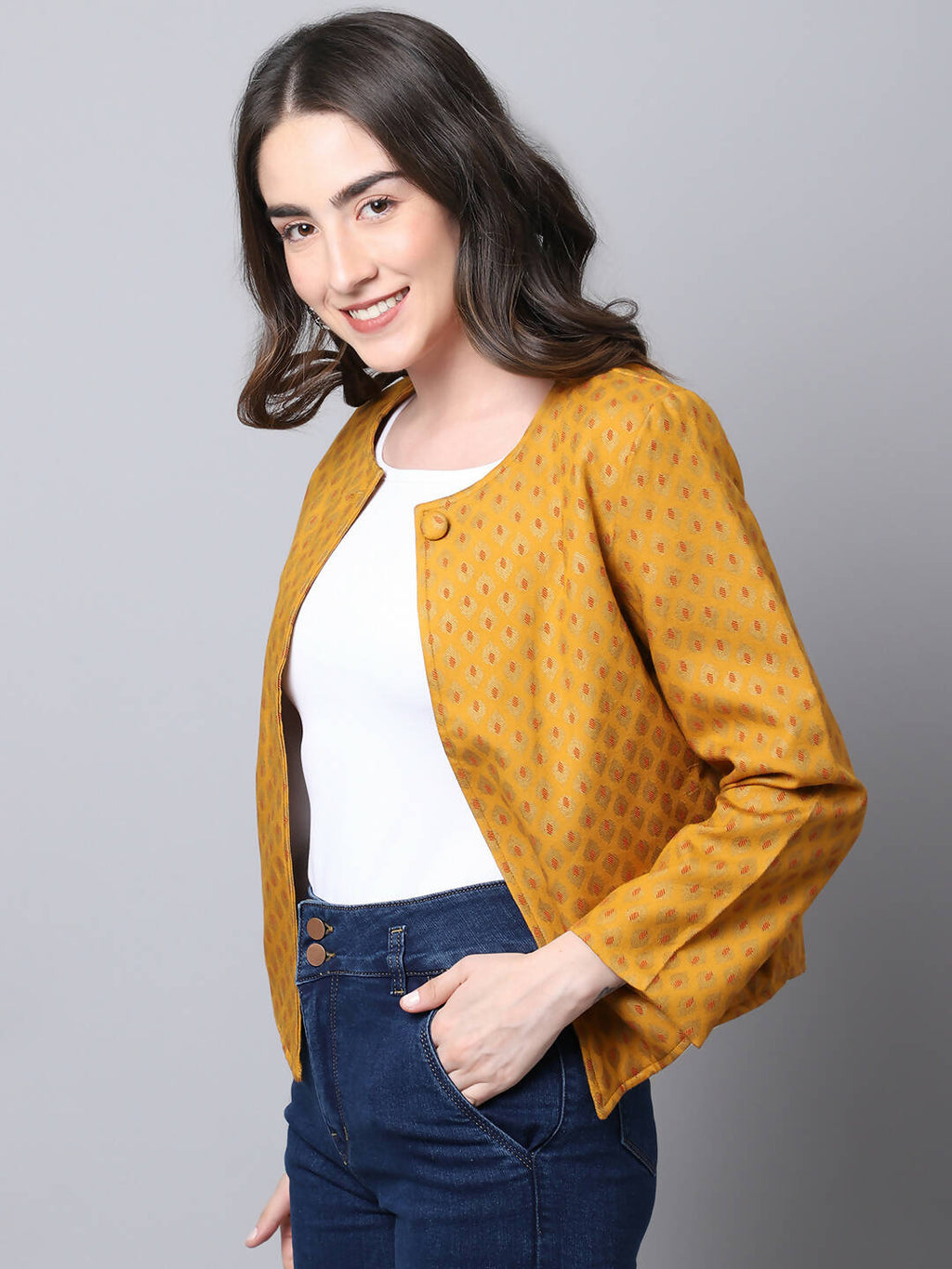 Even Apparels Yellow 100% Viscose Open Front Statement Women's Jacket | Grocsy