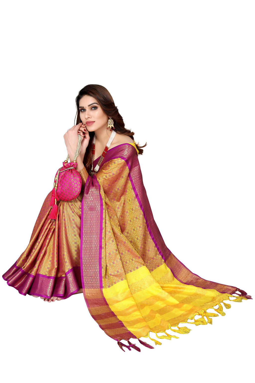 Vamika Weaving Yellow Cotton Silk Saree | Grocsy