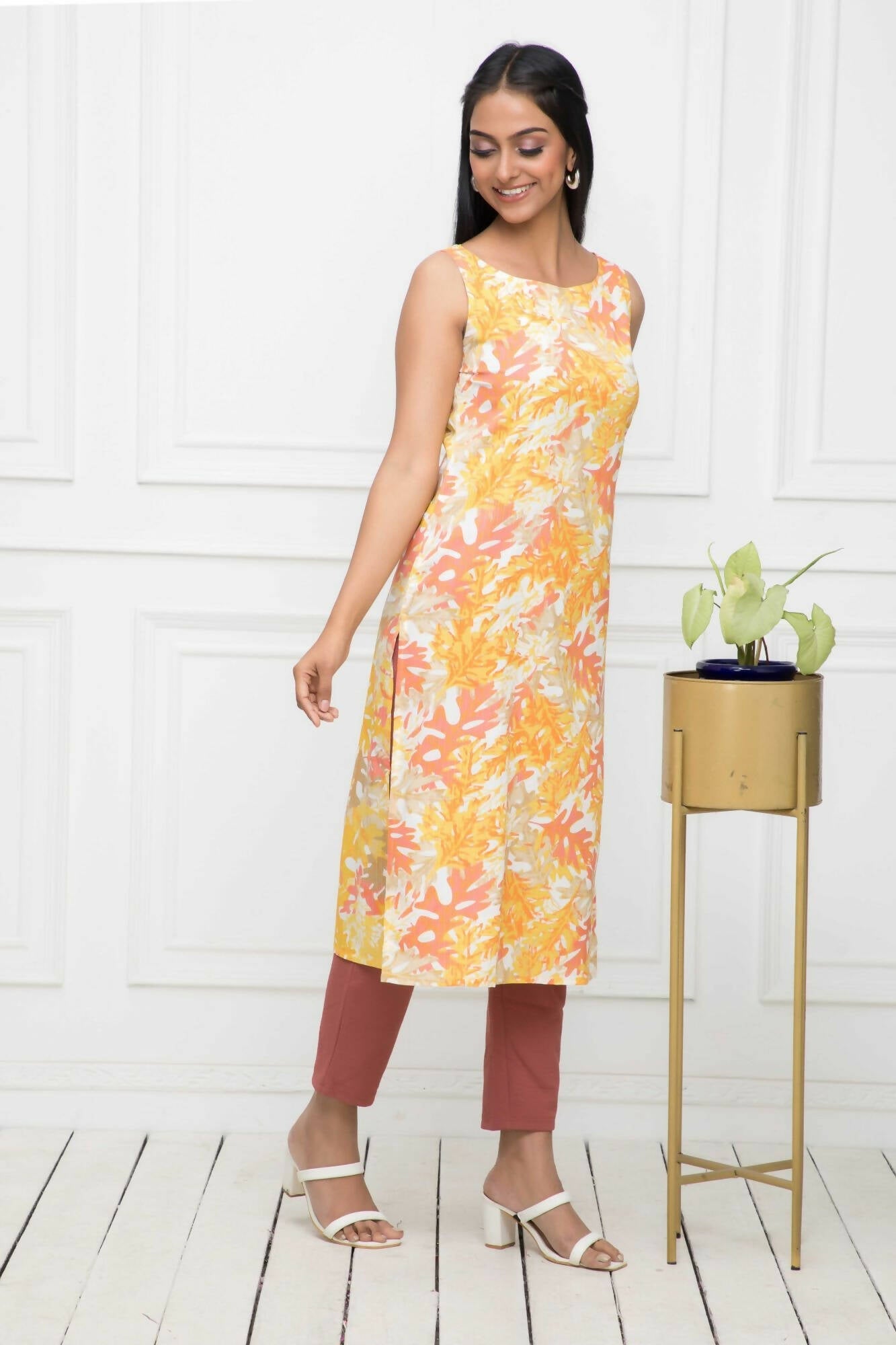 Myshka Multi Floral Women Cotton Straight Round Neck Kurtas | Grocsy