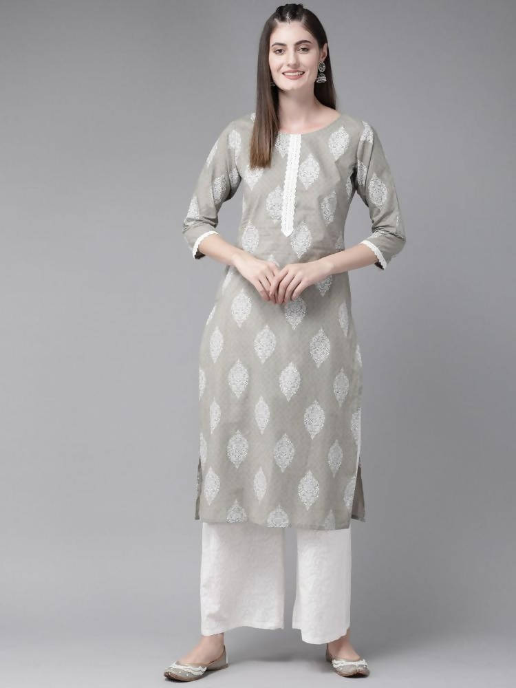 Yufta Grey and Off White Printed Kurta with Palazzo set | Grocsy